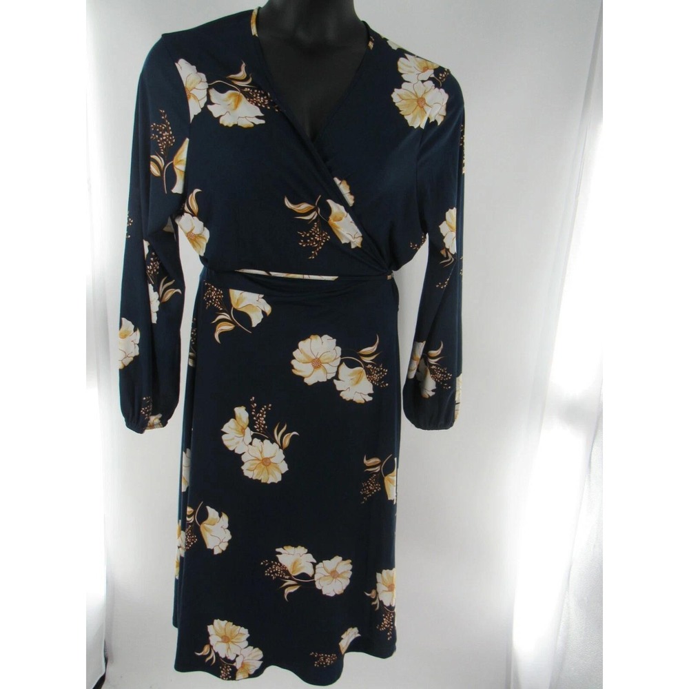 Women's Navy Blue Floral Wrap Knee Length Puff Long Sleeve Dress Size Large
